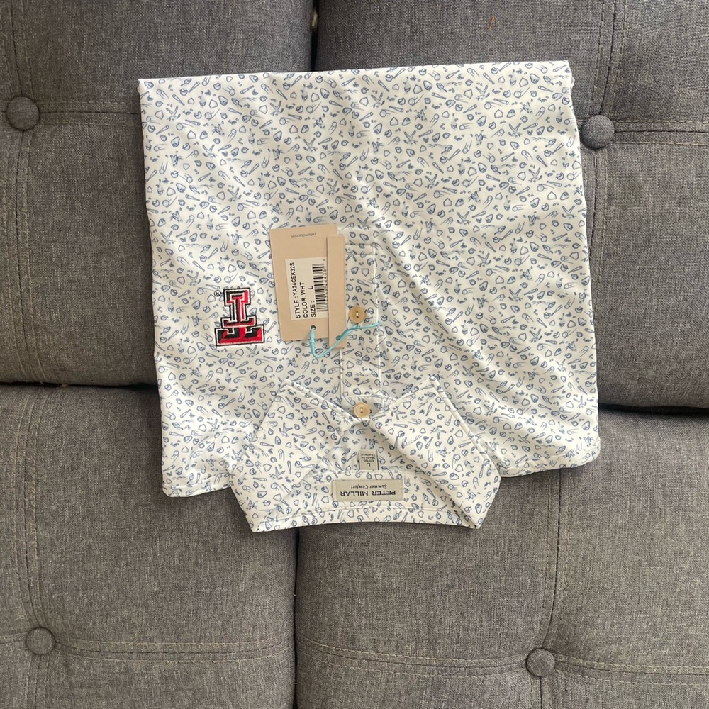 Peter Millar White Shirt with Blue Pattern and Red Patch